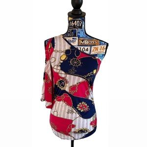 Lipstick brand, asymmetrical top, 3/4 length angel cut sleeve Size Medium.